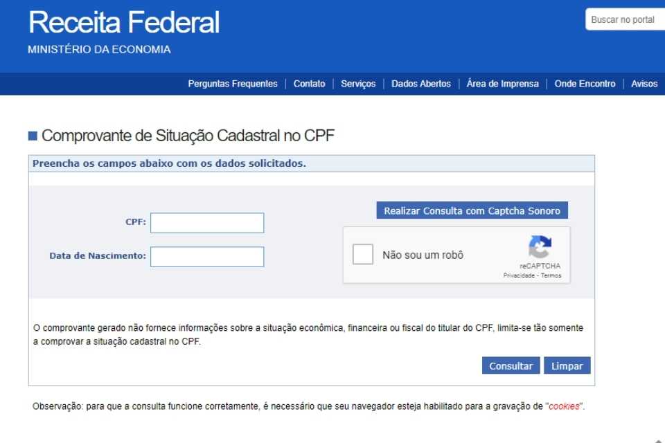 site da Receita Federal para consultar CPF cancelado