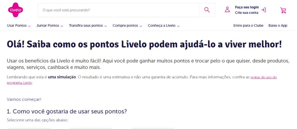 Captura de tela da apresentação da ferramenta de simulação de pontos da Livelo para o usuário. 