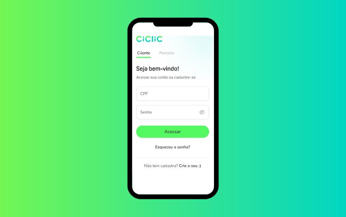 Imagem de um celular centrado com a imagem principal do app da Ciclic. Ao fundo de toda a imagem, há um degradê de um verde fluorescente para um vede-água.