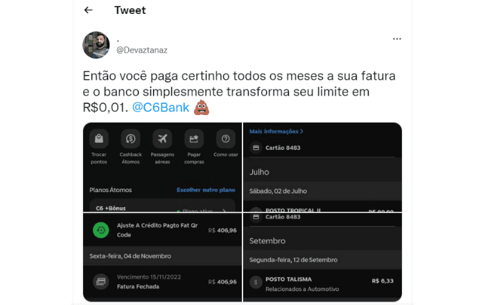 C6 Bank reduz limite de cartão de crédito e revolta clientes