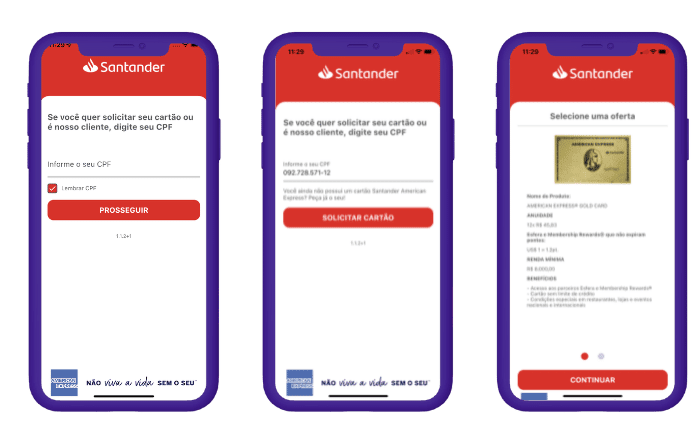 Imagem representa como pedir o cartão Santander Amex pelo app