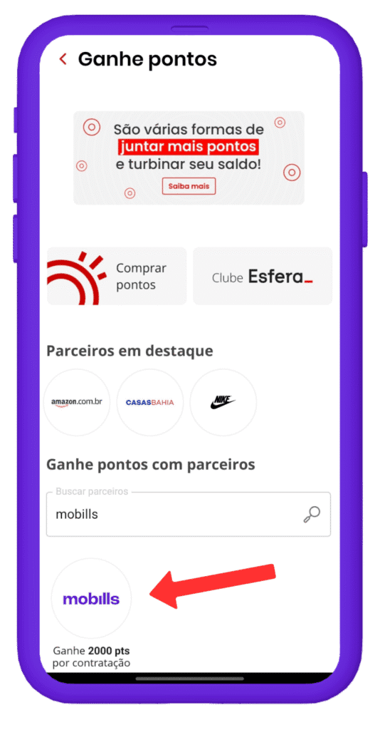 Passo a passo para a parceria entre Esfera e Mobills. Tela 2.
