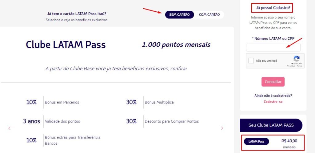 Assinatura Clube LATAM Pass sem cartão itaú