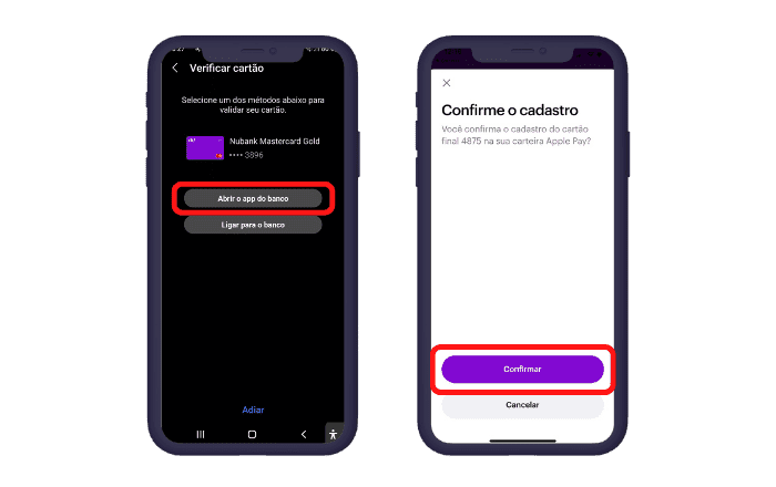 capturas de tela doap nubank para verificar samsung pay.