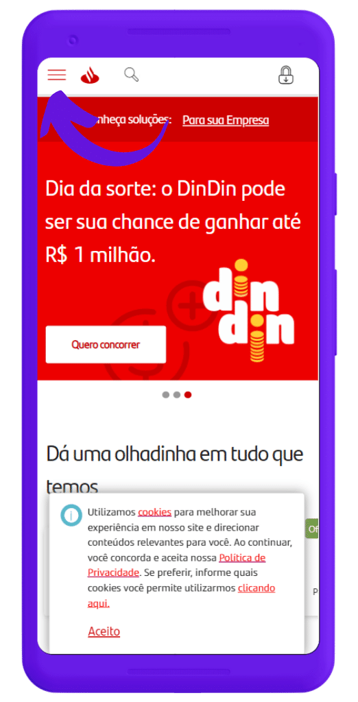 mockup de celular do site do Santander