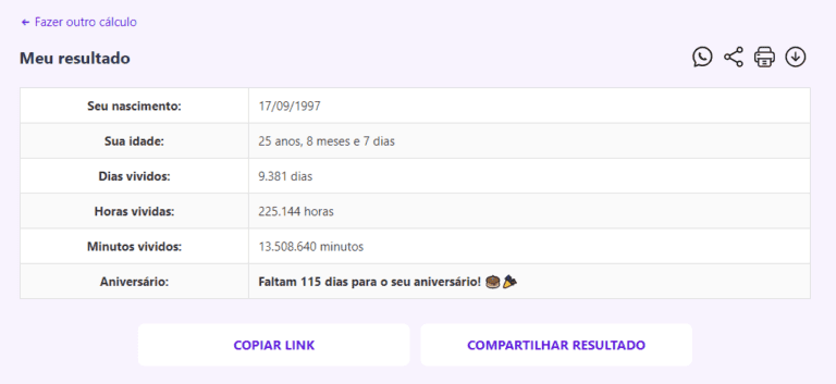 Calculadora de idade: minutos, horas, dias meses e ano