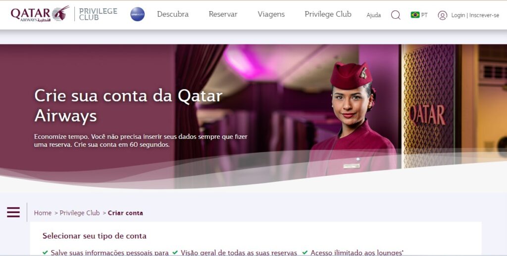Cadastro no Privilege Club da Qatar Airways