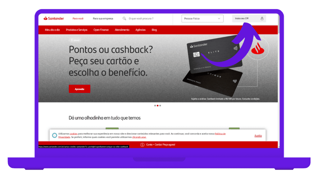 tela de entrada do site Santander