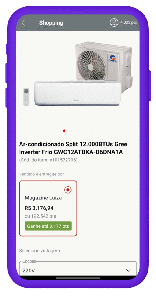 Exemplo de compra no santander shopping e acúmulo de pontos.