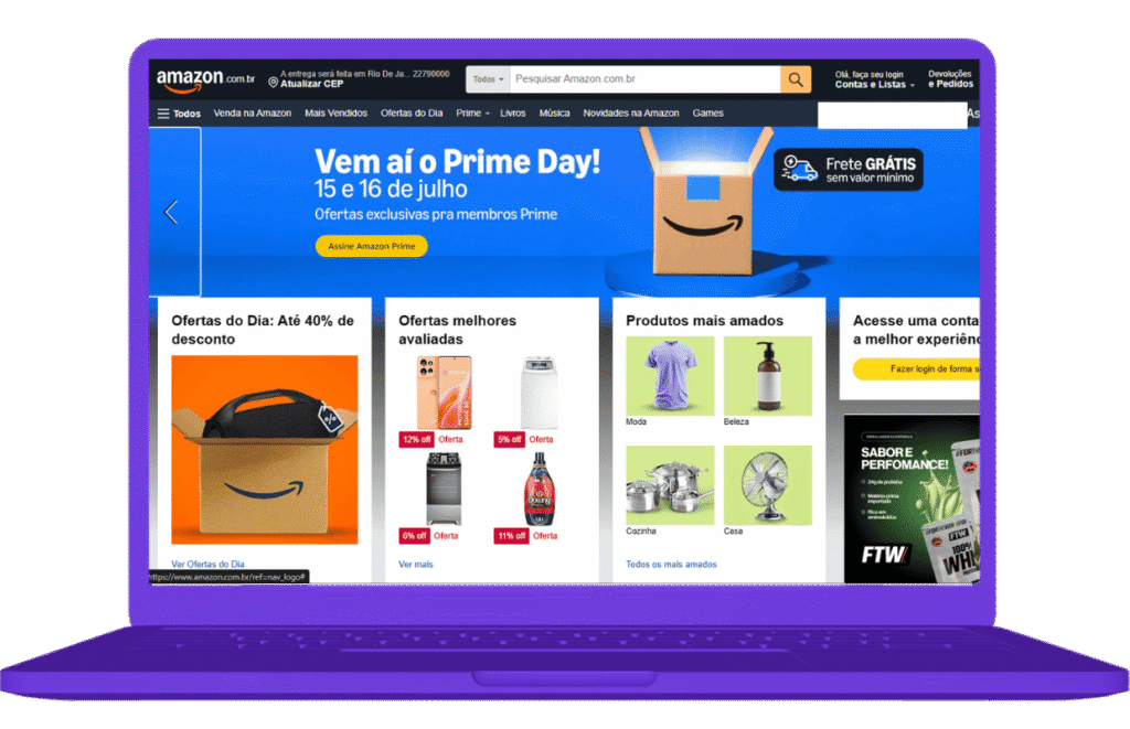 Notebook aberto com a tela do site da Amazon e as ofertas da Amazon Prime Day em evidência.