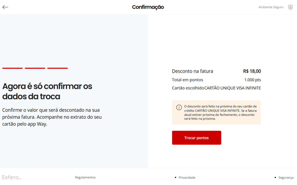 passo a passo de como trocar pontos esfera por desconto na fatura