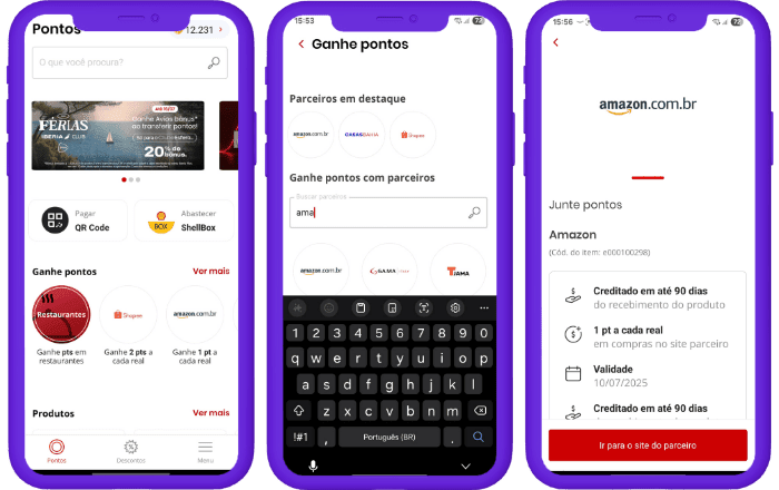 Capturas de tela mostrando como ganhar pontos Esfera no Amazon Prime Day,