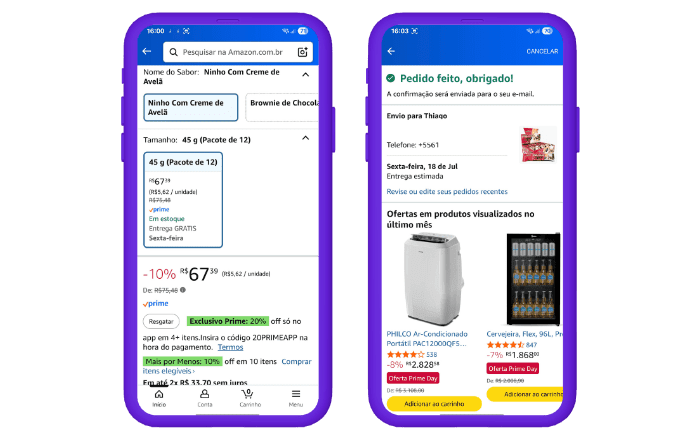 Capturas de tela mostrando como ganhar pontos Esfera no Amazon Prime Day,