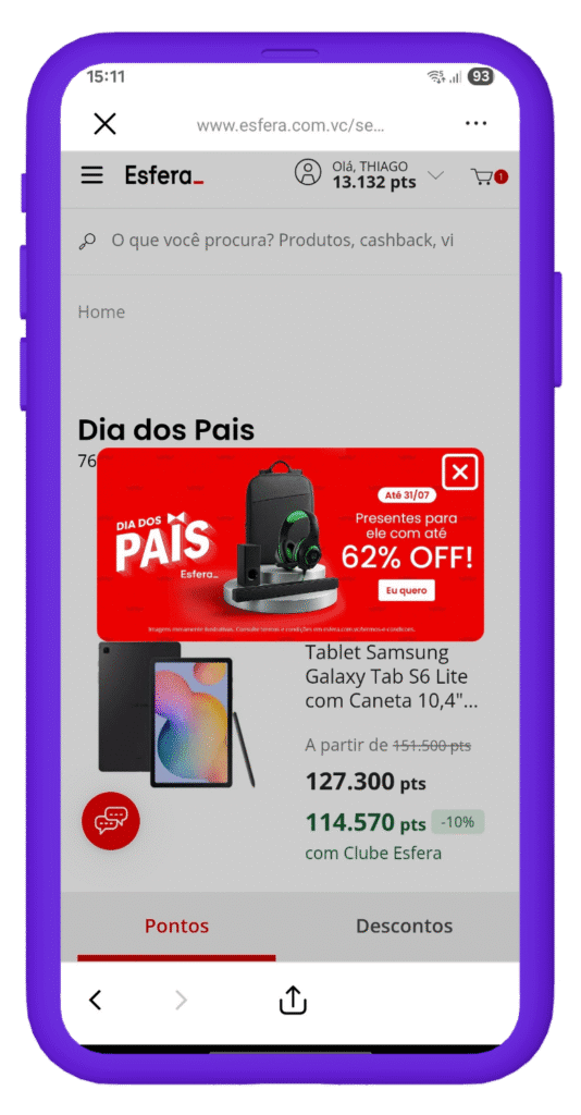 Tela do app Esfera com promoções de dia dos pais.