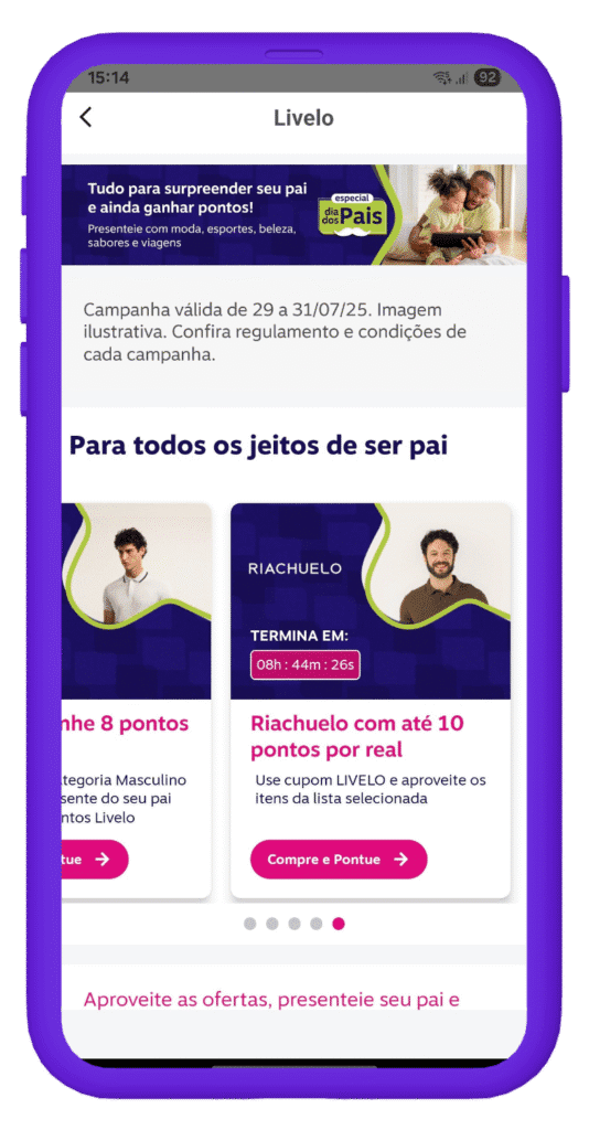 Tela do app Livelo com promoções de dia dos pais.
