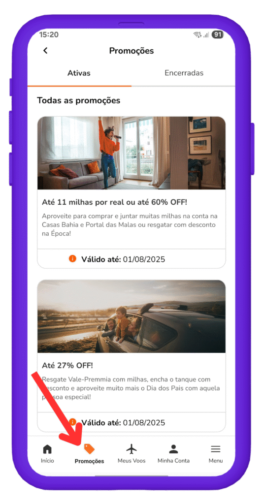 Tela do app Smiles com promoções de dia dos pais.