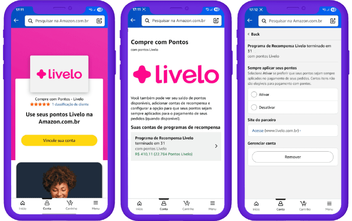 Capturas de tela para vincular conta Livelo com a Amazon.