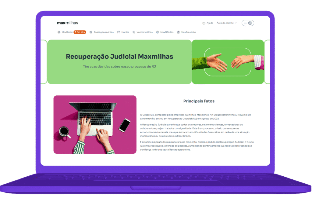 Imagem do site sobre a Recuperação Judicial da Maxmilhas.