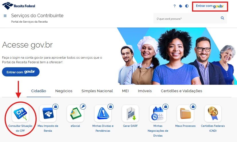 Página de Serviços do Contribuinte no portal da Receita Federal com destaque para a opção de consultar a situação do CPF.