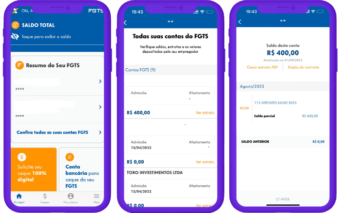 telas do app FGTS para conferir saldo

