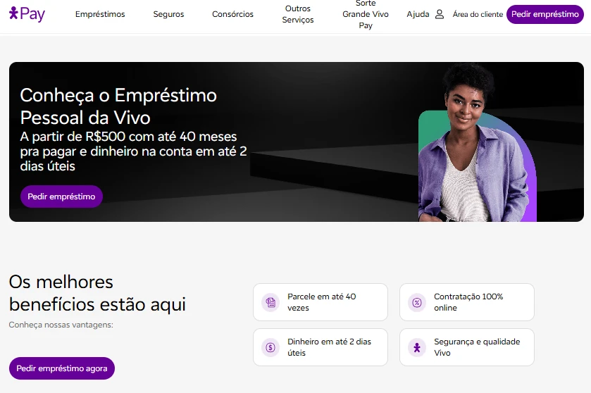 Imagem de uma página inicial do site Vivo oferecendo empréstimo pessoal de até R$500 com condições de pagamento facilitadas e aplicação online.