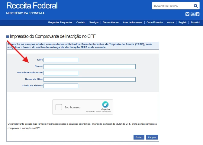 Página da Receita Federal com o formulário para impressão do Comprovante de Inscrição no CPF, essencial para declaração de Imposto de Renda no Brasil.