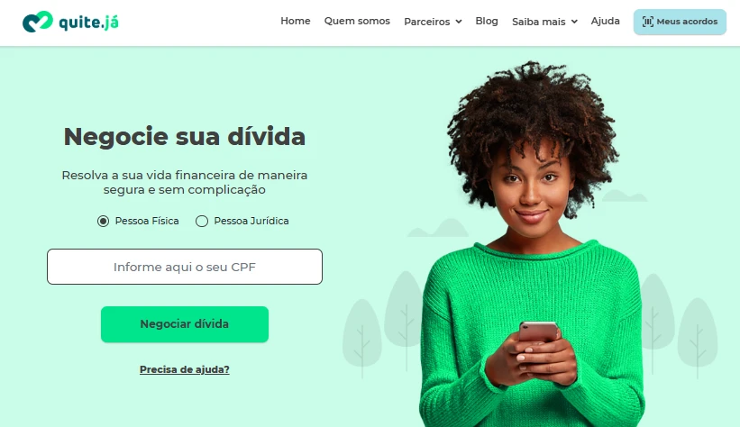 Página da plataforma de negociação de dívidas que permite resoluções financeiras seguras para pessoas físicas e jurídicas.