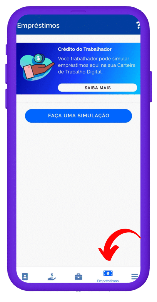 Tela de aplicativo de empréstimos com opções para simulação de crédito do trabalhador e botão para fazer uma simulação, promovendo serviços financeiros digitais.