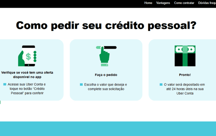 tela do site do uber conta para emprestimo de motorista