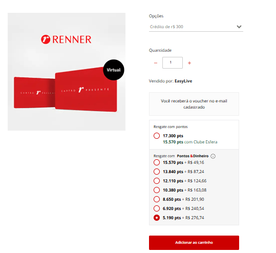 tela pontos e dinheir esfera renner