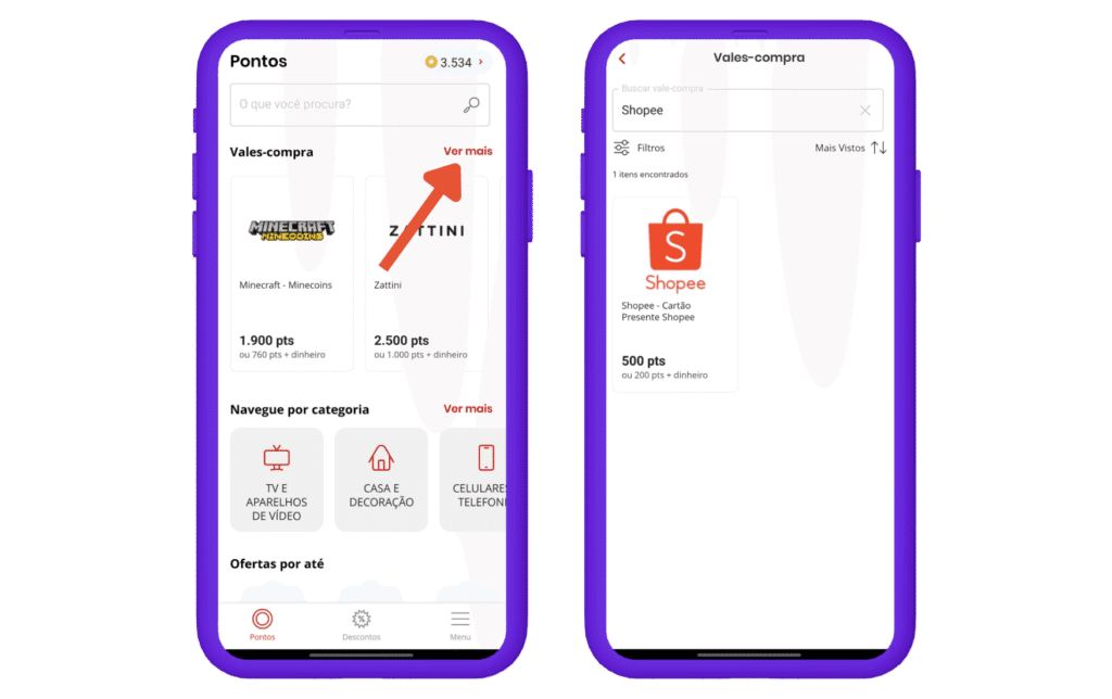 Tela de como resgatar vales-compra da Shopee na Esfera