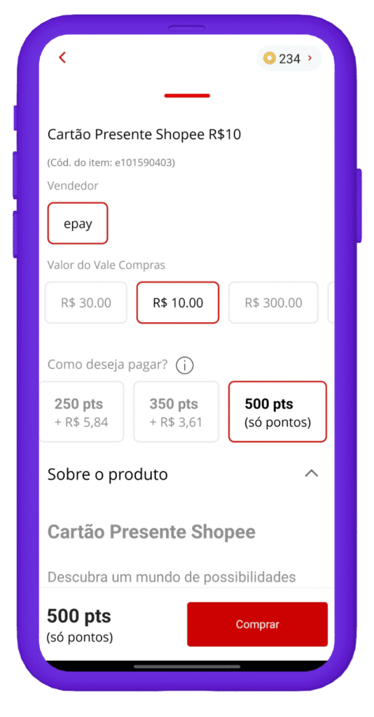 Tela de como resgatar vales-compra da Shopee na Esfera.