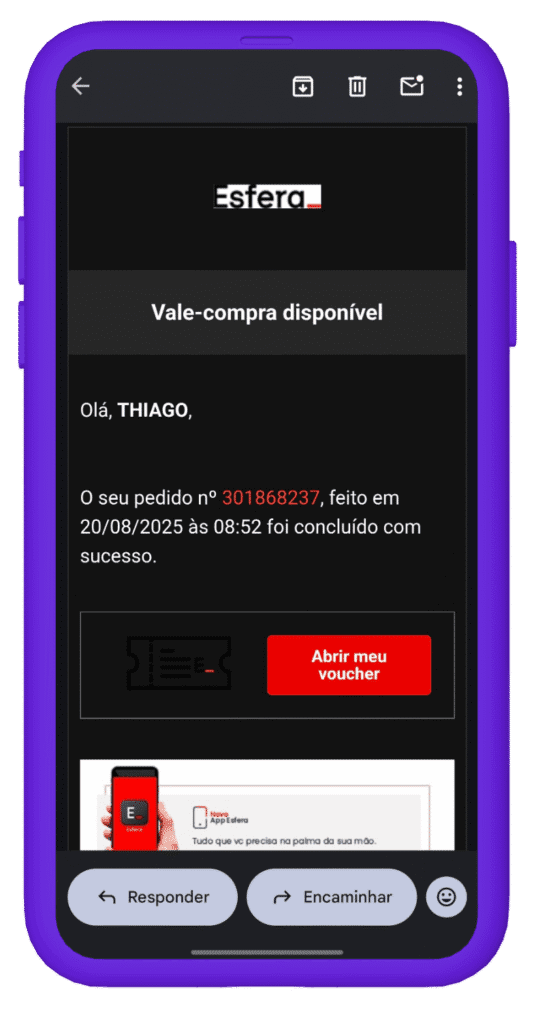 Tela de como resgatar vales-compra da Shopee na Esfera.