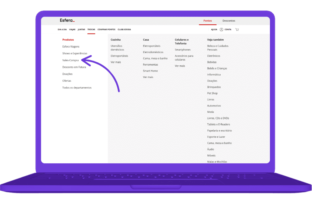 Tela do site da Esfera com a opção de acessar os vales-compra.