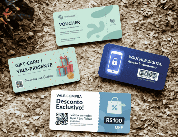 Imagem com vários cartões representando gift-card/vale-presente; voucher; voucher digital; vale-compra.