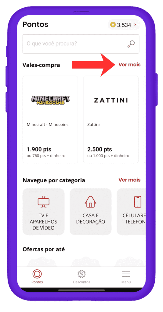 Seção de vale-compras no app Esfera