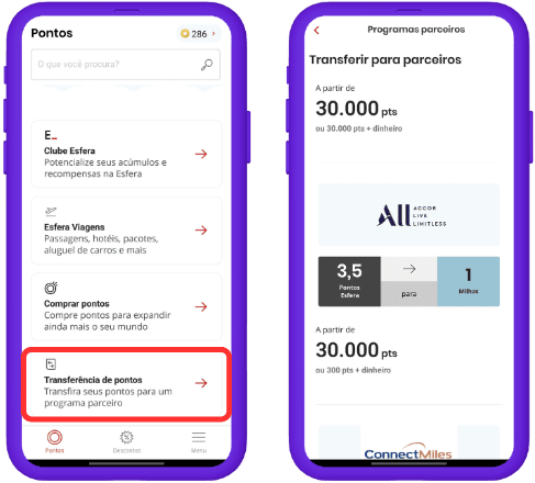 Transferir pontos esfera para all accor - tela passo a passo.