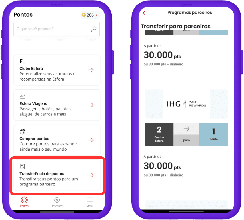 Transferir pontos esfera para ihg one rewards - tela passo a passo.