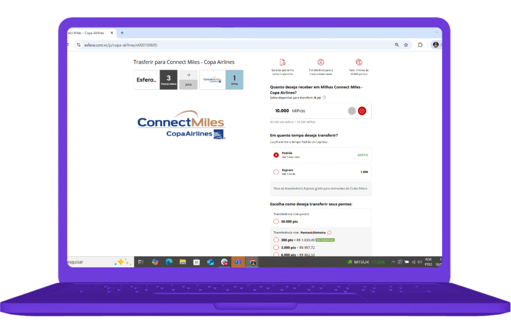 como transferir pontos Esfera para o ConnectMiles