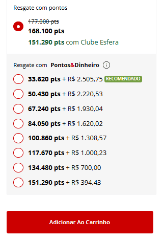 pontos + dinheiro recomendado