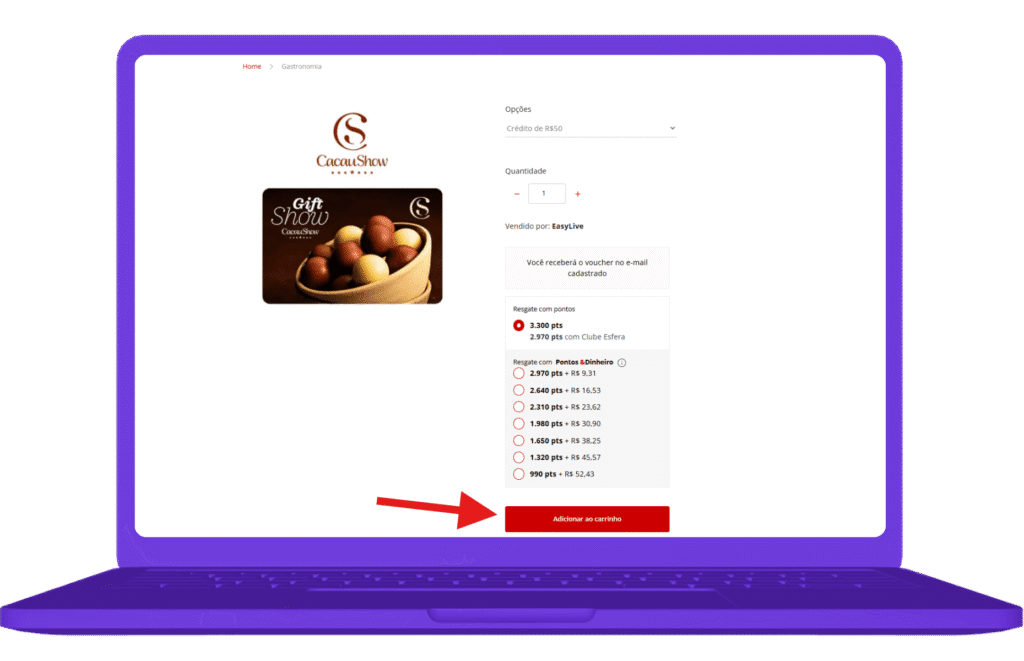 resgatar cartão presente cacau show na Esfera - passo a passo 2