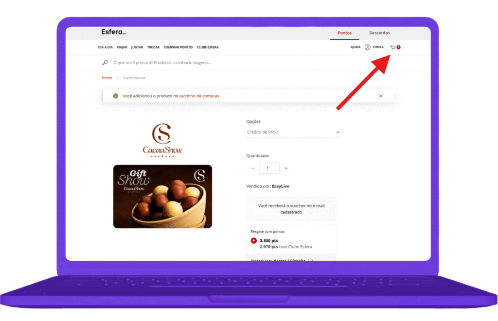 resgatar cartão presente cacau show na Esfera - passo a passo 3