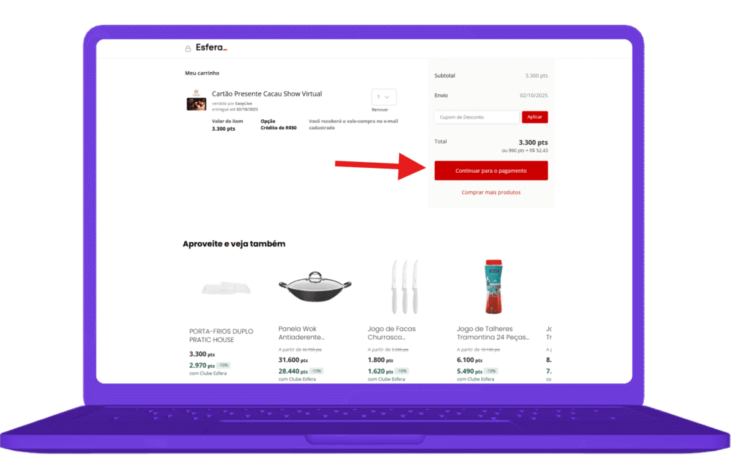 resgatar cartão presente cacau show na Esfera - passo a passo 4