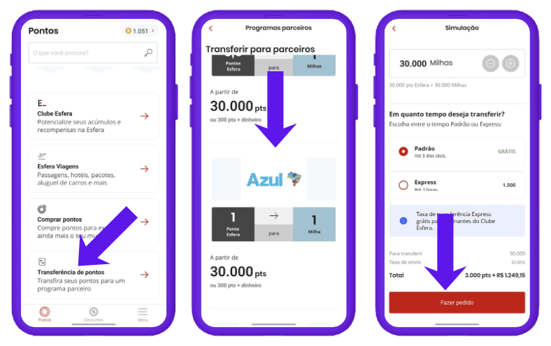 Imagem do app Esfera, representando o passo a passo de como transferir pontos Esfera para o programa Azul Fidelidade.