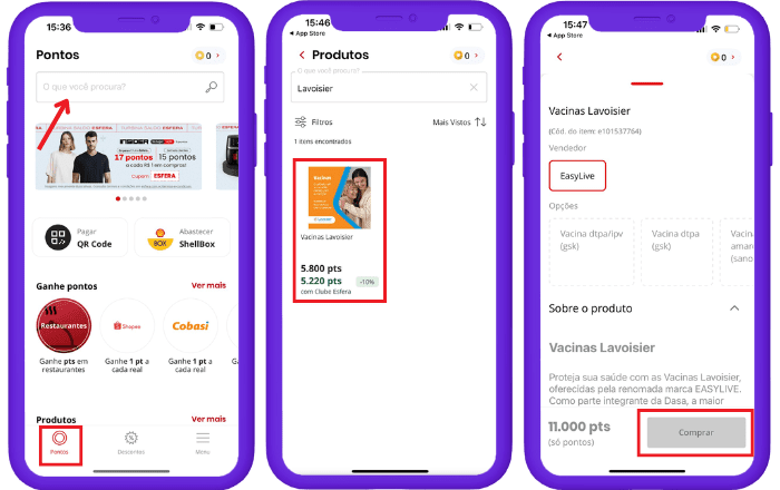 Como trocar pontos pelo voucher Vacinas Lavoisier no App Esfera