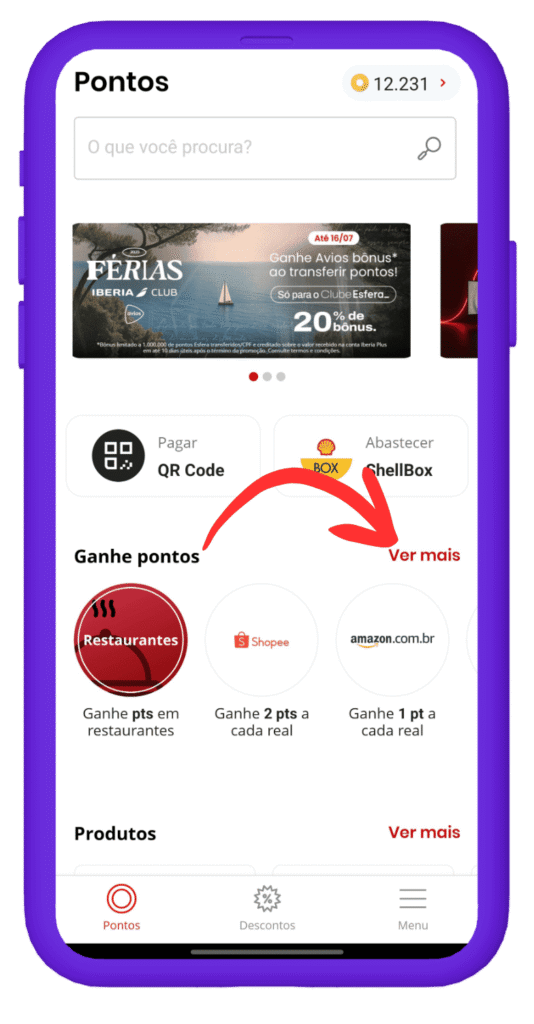 Juntar pontos no aplicativo Esfera