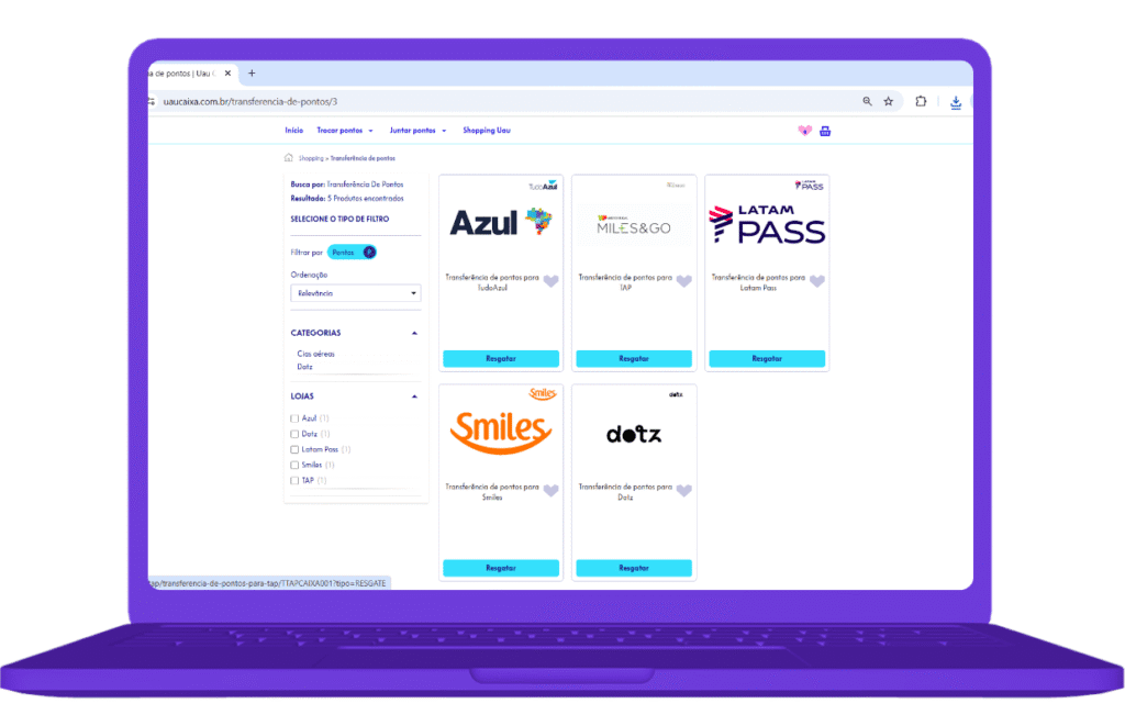 Parceiros de transferência de pontos Uau CAIXA