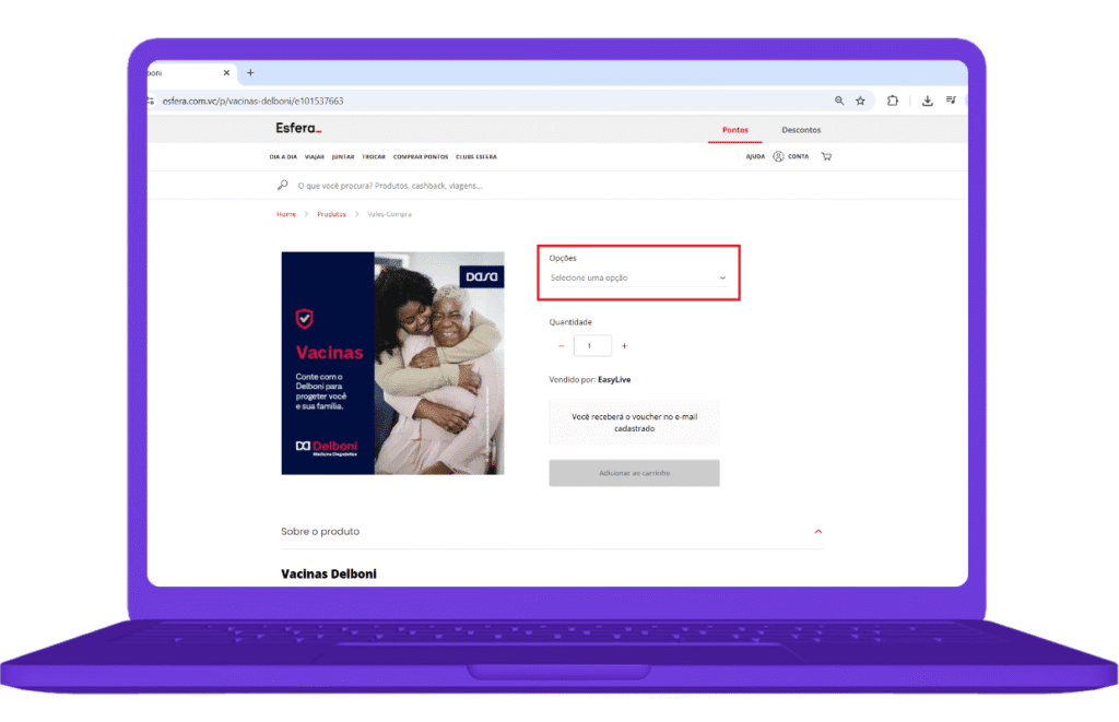 Regatar voucher Vacinas Delboni com pontos no site Esfera