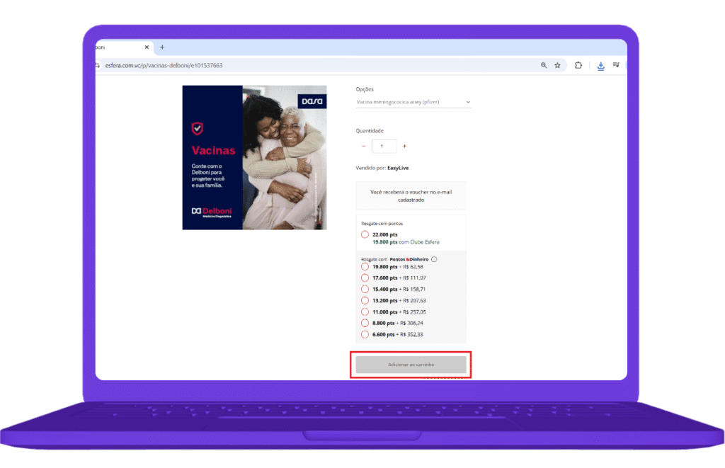 Regatar voucher Vacinas Delboni com pontos no site Esfera
