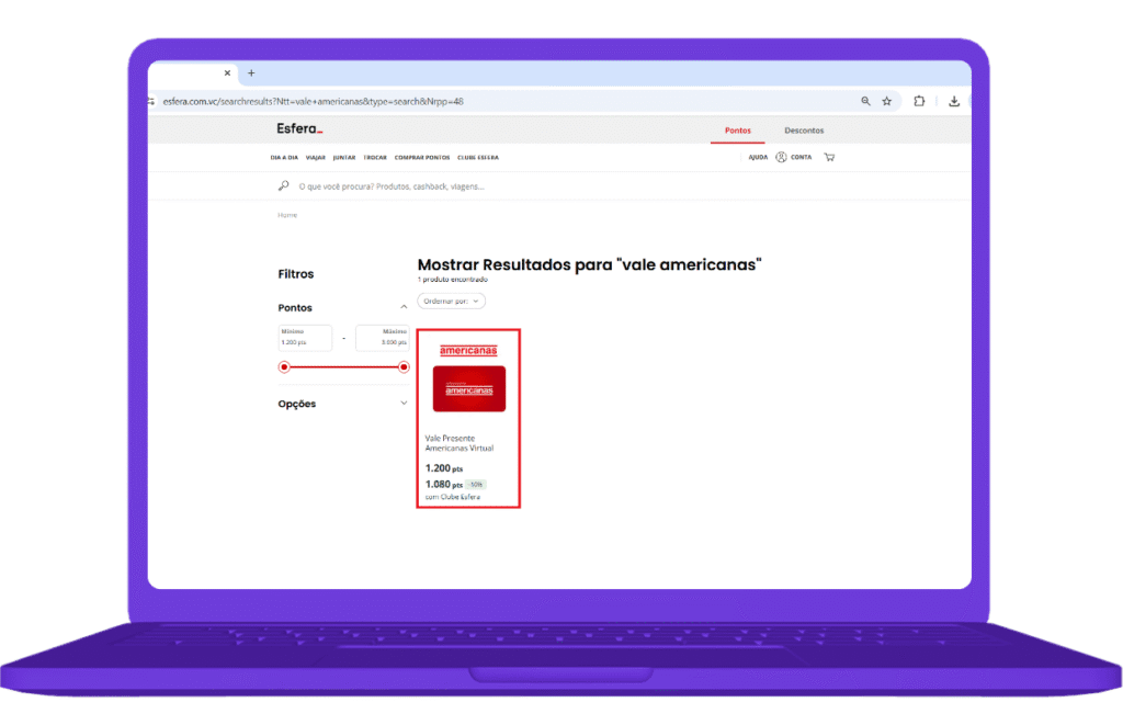 Resgate do Cartão Americanas com pontos Esfera no site